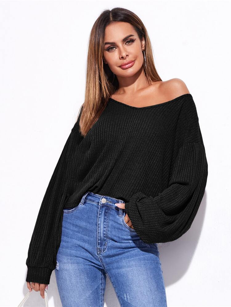 SHEIN Bishop Sleeve Waffle Knit Tee | SHEIN