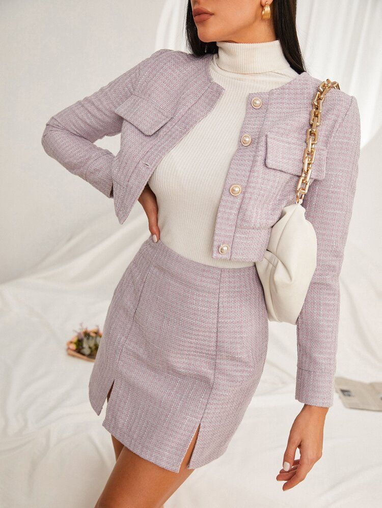 Plaid Tweed Crop Jacket & Split Hem Skirt | SHEIN