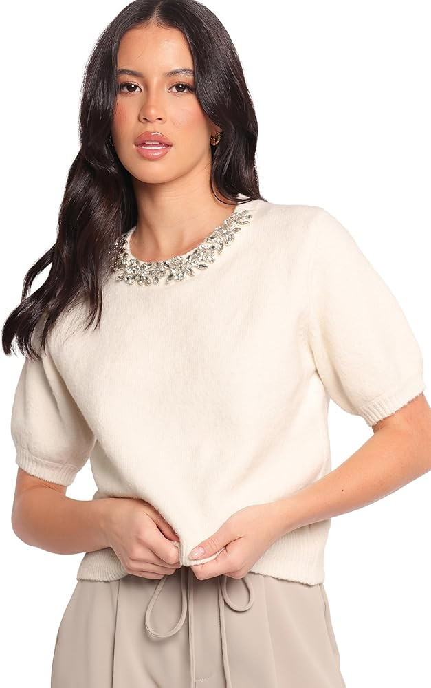 Petal & Pup Women's Orlana Embellished Neck Short Sleeve Sweater, Cream | Amazon (US)