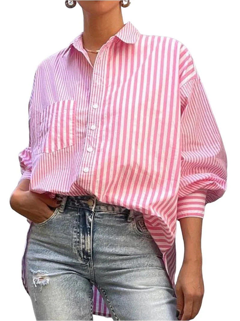 Women's Collared Vertical Striped Drop Shoulder Pocket Button Down Shirt Pink S | Walmart (US)