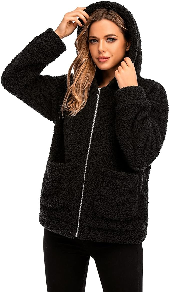 Womens Casual Coat Lapel Fleece Fuzzy Faux Shearling Zipper Hooded Warm Winter Oversized Jackets | Amazon (US)