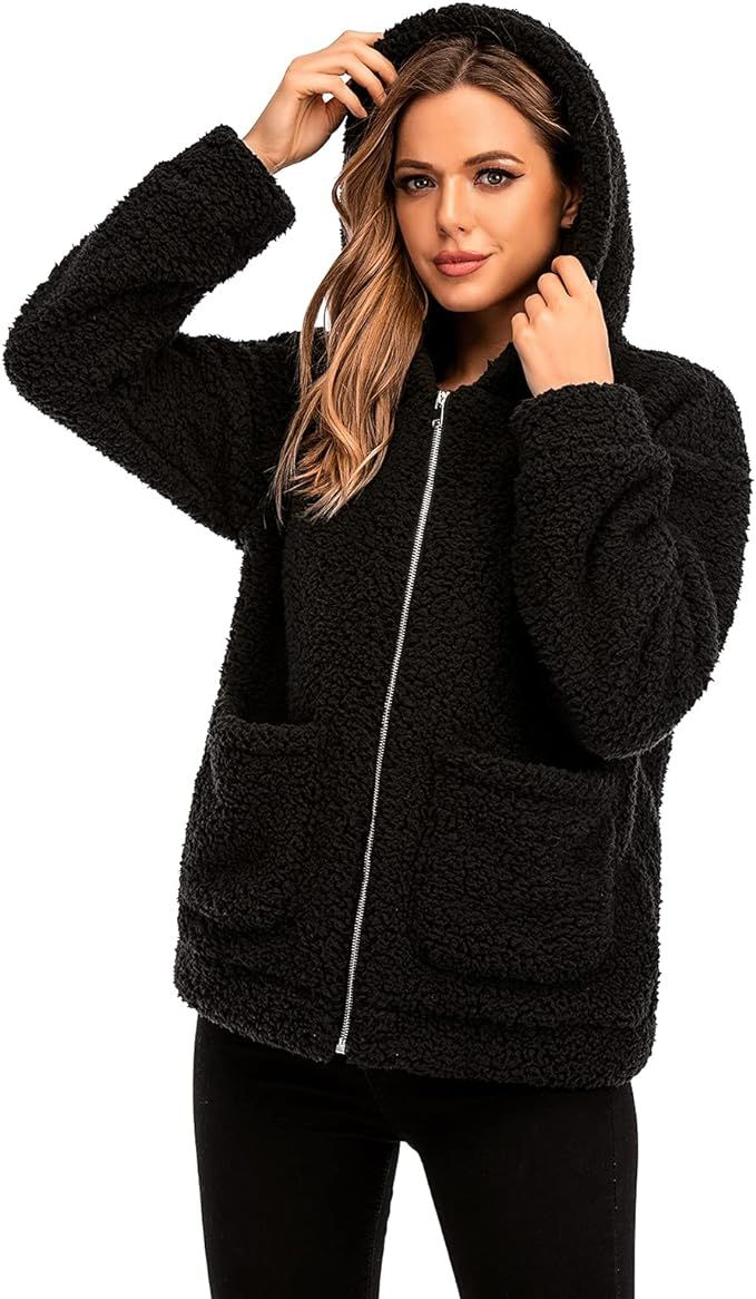 Womens Casual Coat Lapel Fleece Fuzzy Faux Shearling Zipper Hooded Warm Winter Oversized Jackets | Amazon (US)