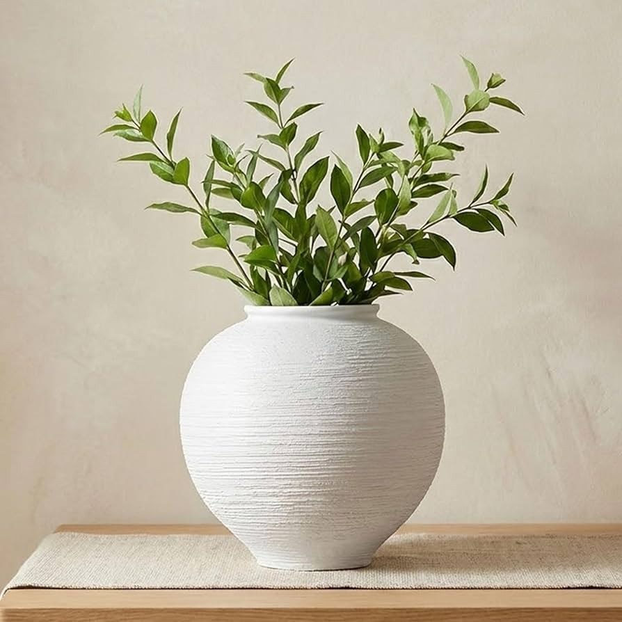 Large White Ceramic Vase - 9 Inch Round Farmhouse Wide Mouth Holds Water, White Vases Ceramic Vas... | Amazon (US)