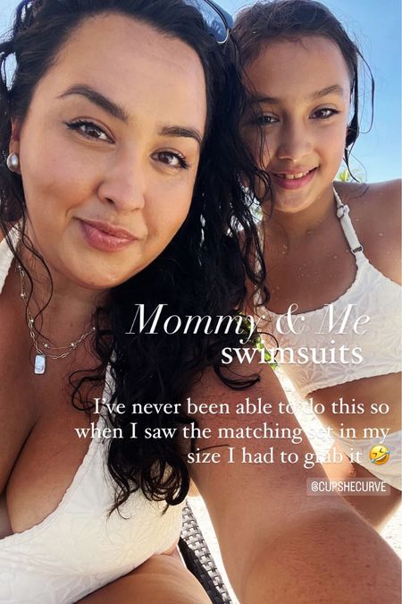 Mom and daughter matching swimwear. Mommy and Me swimsuits 2023

Amanda: Wearing XL 
Audrey: Size 8 

Retro flower textured print on cream. Halter one piece mom swim suit. 

#LTKcurves #LTKswim #LTKfamily