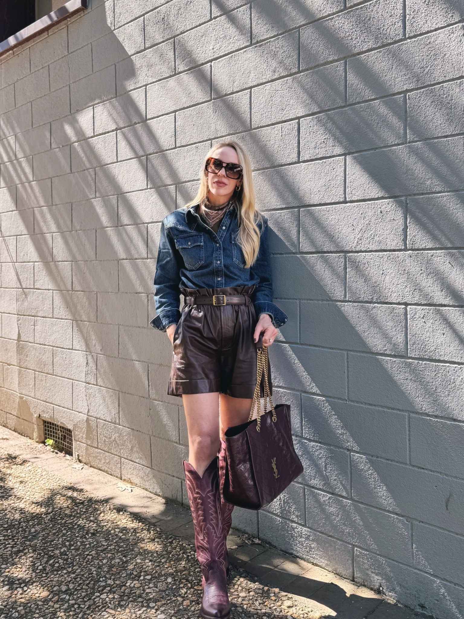 Fall western outfit, denim shirt, paisley silk scarf, @Tecovas burgundy cowboy boots

#LTKOver40 #LTKSeasonal #LTKSaleAlert