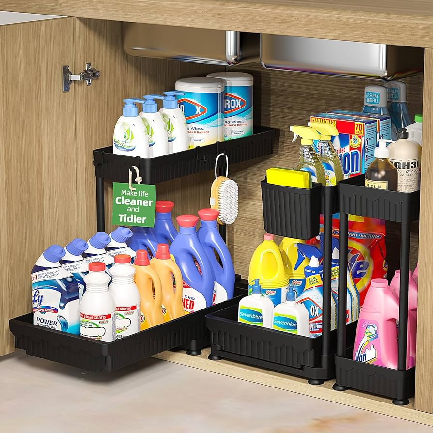 3 Pack Multi-Purpose Pull-Out Storage Organizers, 2-Tier L-Shaped Under Sink/Cabinet Organizers a... | Amazon (US)