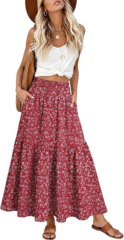 StunShow Women's Maxi Skirts Boho High Waisted Flowy A Line Pleated Beach Long Skirt with Pockets... | Amazon (US)