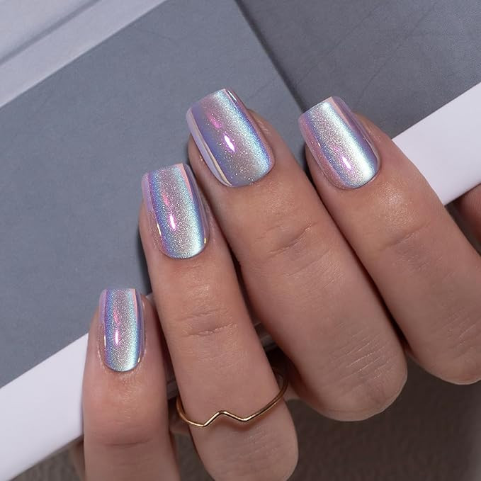 Curvlife 30pcs Soft Gel Press on Nails, Purple Chrome Cat Eye Fake Nail with Apricot Design, Full... | Amazon (US)