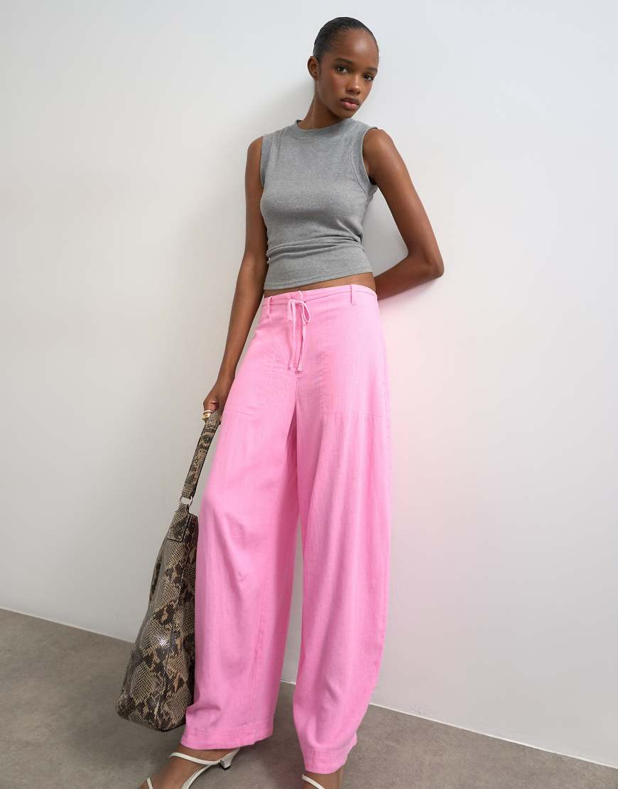 Topshop linen clean tie waist barrel trouser in pink | ASOS (Global)