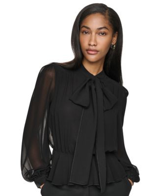 Dkny Women's Tie-Neck Long-Sleeve Blouse with Cami Top - Black | Macy's