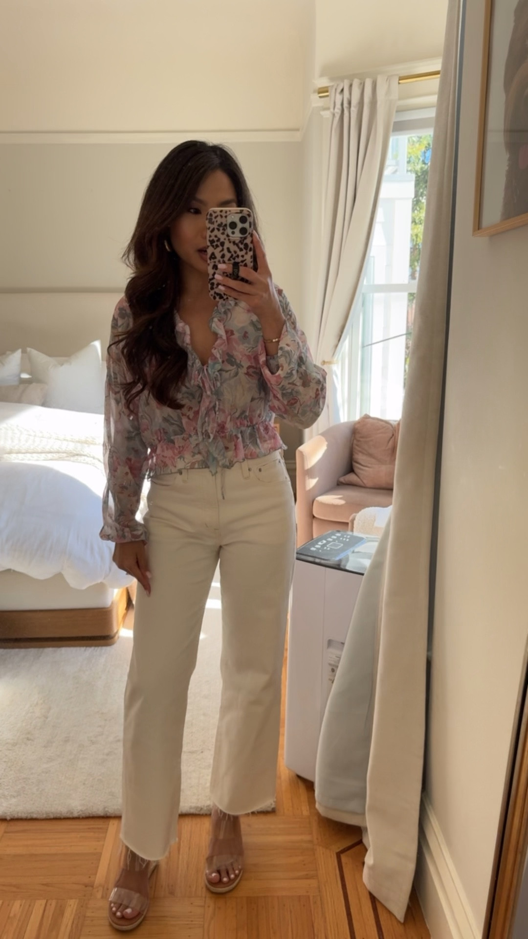 Dinner Ootn!

Sizing:
Top - tts, xs
Bra - tts in glow color, cafe would be similar (top is very sheer so wear a nude bra that matches your skin tone)
cream jeans - tts, 25 standard in crop length hits perfect at the ankle for petites 
Wedges - sized up 1/2 size 

#LTKPetite #LTKootd