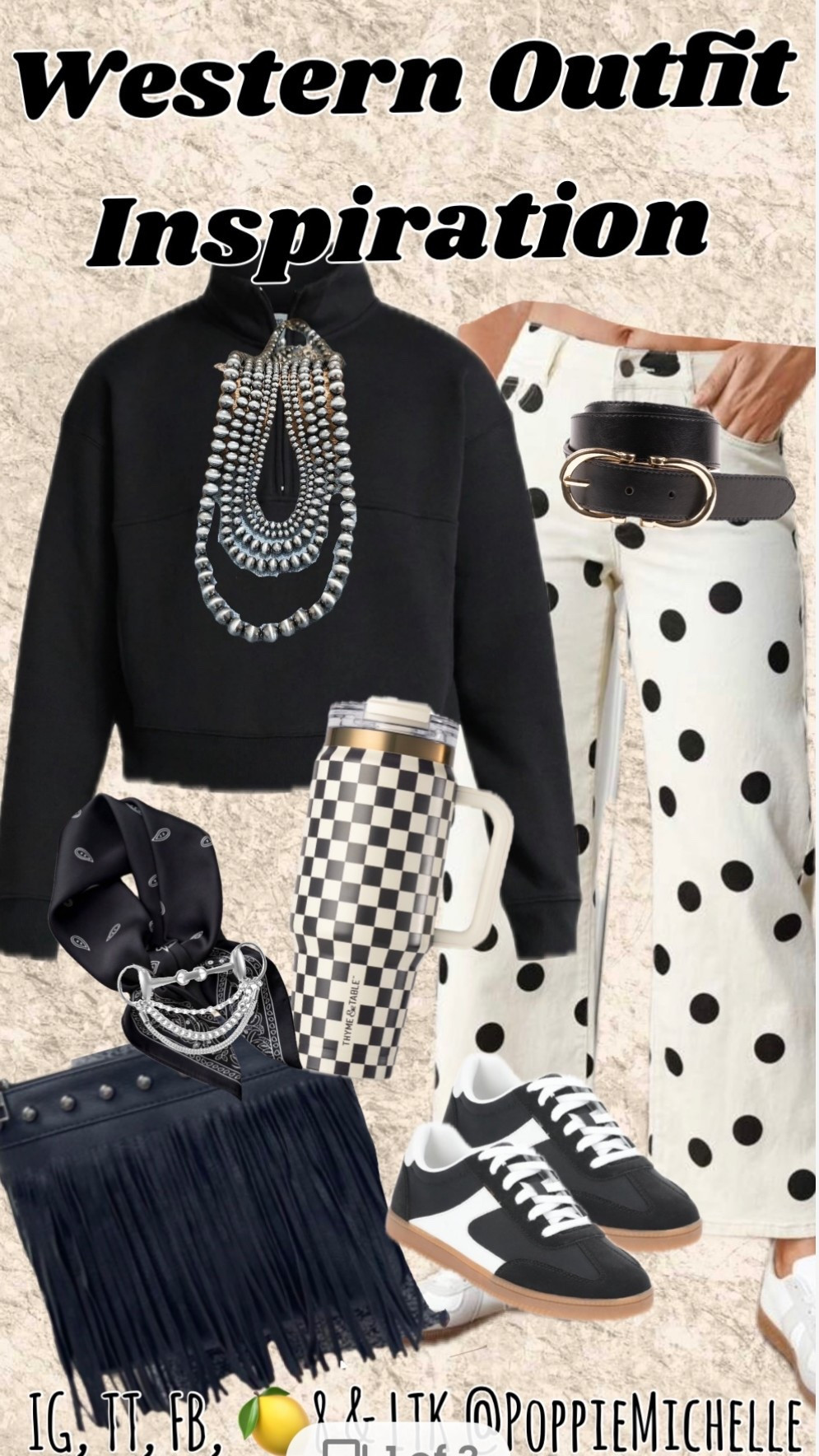 Walmart but Western. Black cropped funnel neck, sweatshirt, black cropped sweatshirt, white pants with black polkadots, white denim jeans with black spots, white cropped pants with black polkadots, black and white checkered, Tumblr, black fringe purse, black sneakers, black, and white sneakers 
￼

#LTKootd #LTKgrwm #LTKdayinmylife