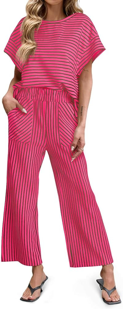 Tankaneo Womens Striped 2 Piece Sets Short Sleeve T Shirts Wide Leg Pants Matching Lounge Set wit... | Amazon (US)
