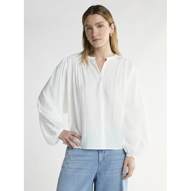Scoop Women’s Crinkle Gauze Shirt with Blouson Sleeves, Sizes XS-XXL - Walmart.com | Walmart (US)