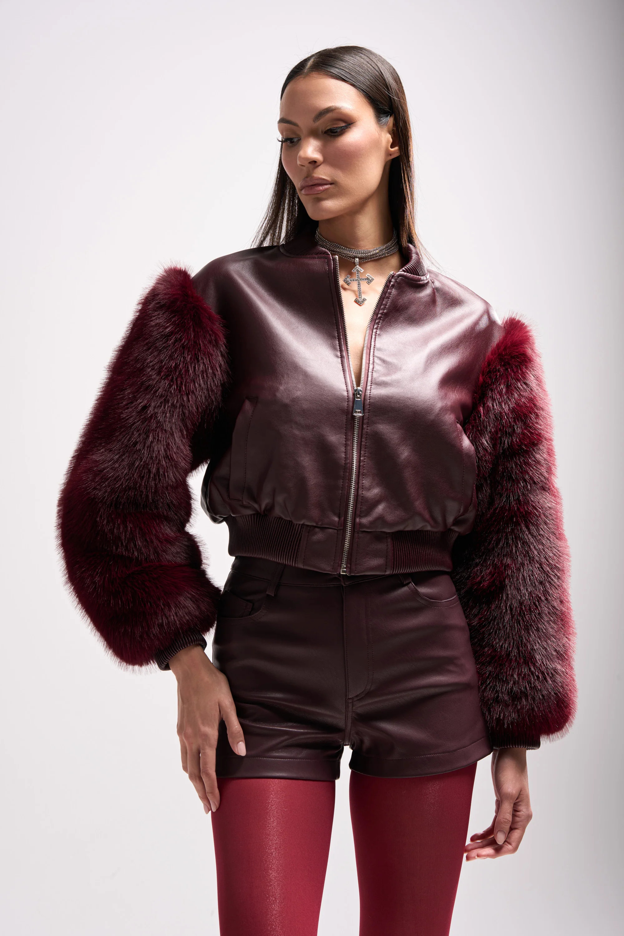 AKIRA So Good It Hurts Fur Sleeve Bomber Jacket | Burgundy | Size Large | AKIRA
