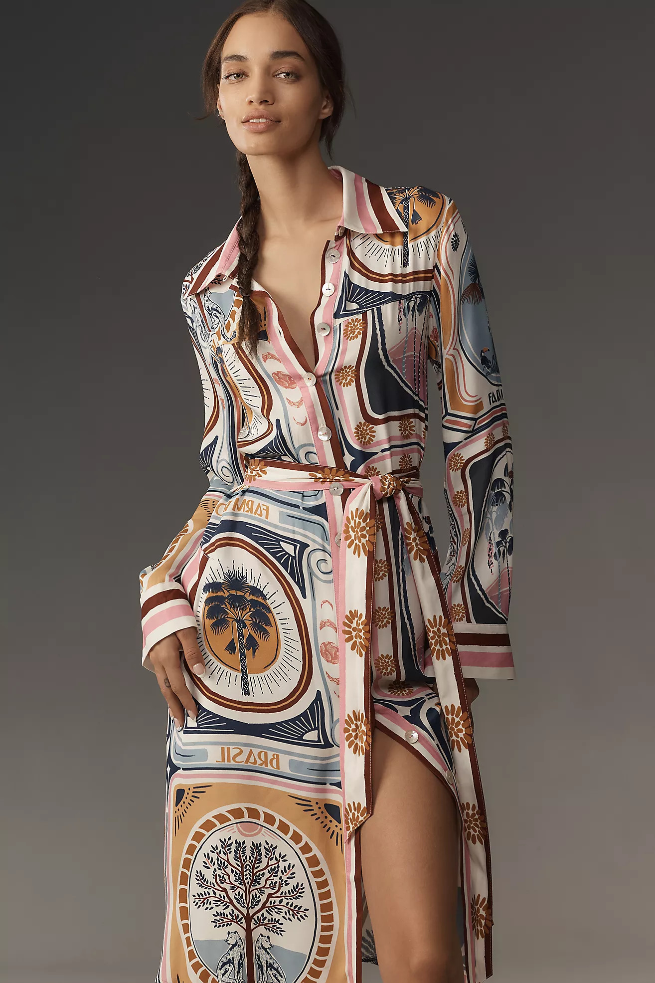 Farm Rio Cerrado Stamps Long-Sleeve Midi Shirt Dress | Anthropologie (US)