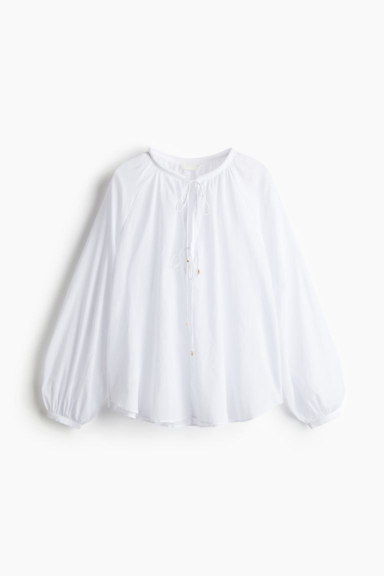 Blouse with Tie Detail - Round Neck - Long sleeve - White - Ladies | H&M US | H&M (US + CA)