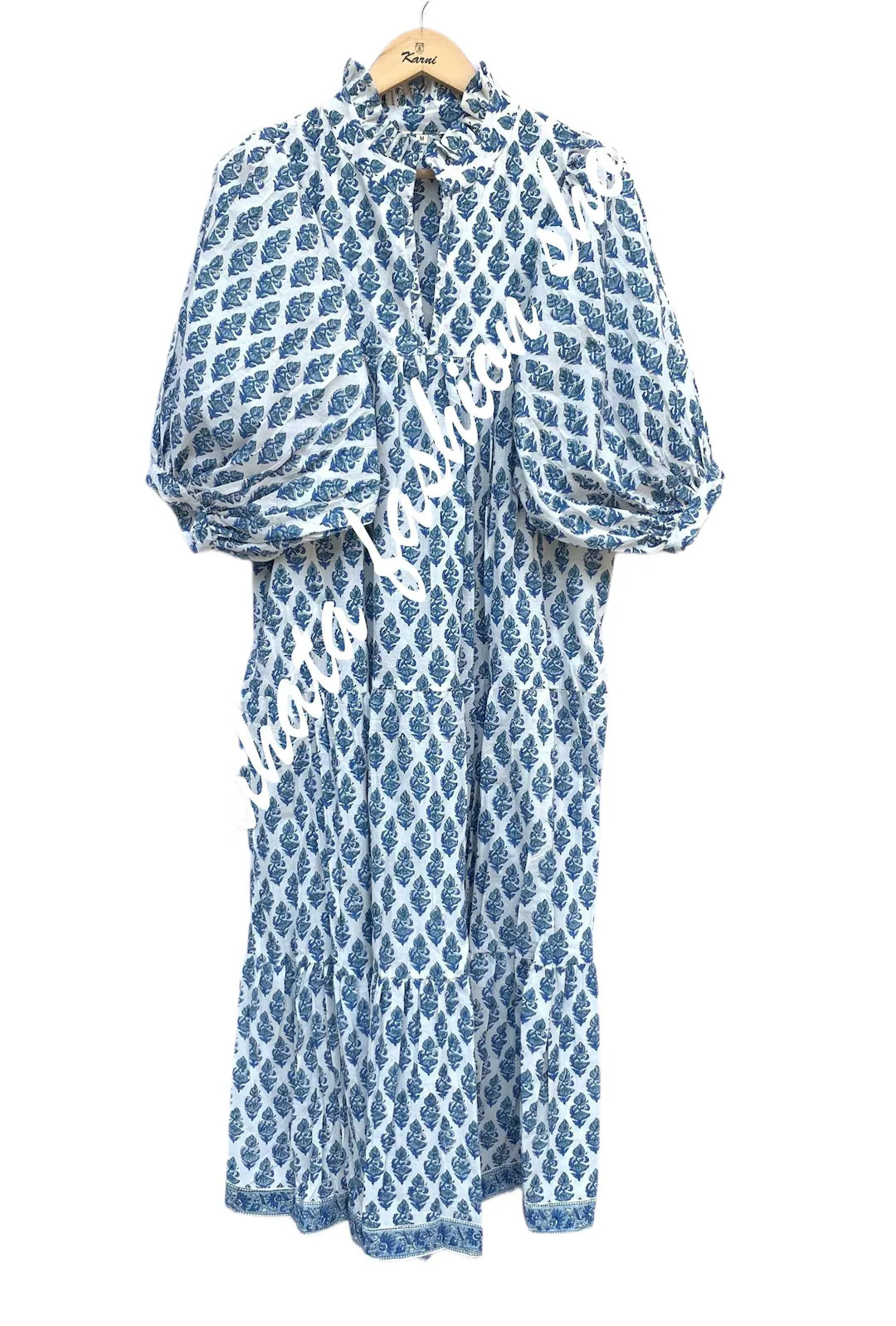 Stylish Blue Floral Block Printed Women's Maxi Dress - Frill Collar With Belt Cotton Dress - 3/4t... | Etsy (Global)