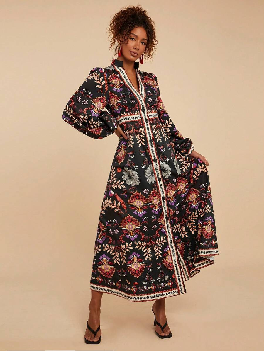 Travachic Floral Print V-Neck Puffy Long Sleeve Shirt Women Dress, Christmas Women Clothes | SHEIN