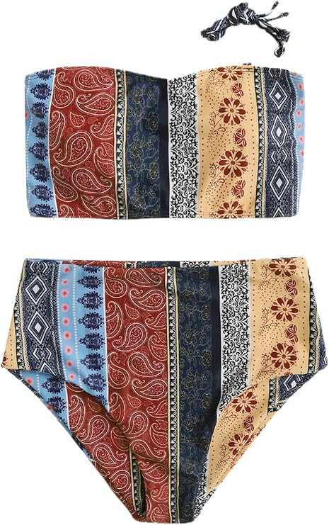 Floerns Women's Boho Two Piece High Waist Bathing Suit Bandeau Swimsuit | Amazon (US)