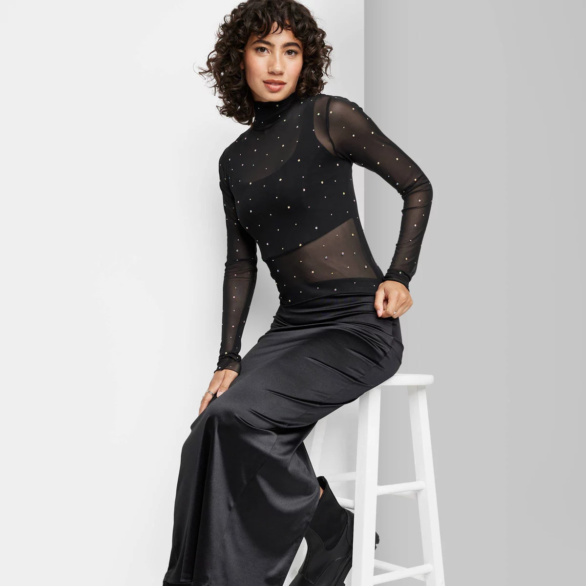 Women's Rhinestone Mesh Mock Turtleneck Top - Wild Fable™ Black XXS | Target