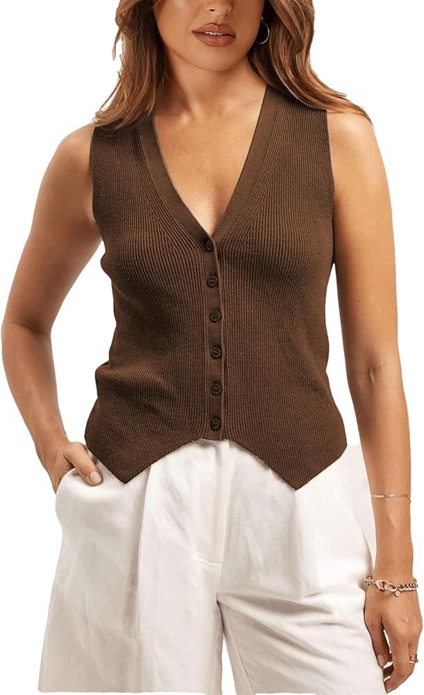 Sweater Vest Women Casual V Neck Button Down Sleeveless Knit Cardigan Vest Tank Tops Streetwear | Amazon (US)