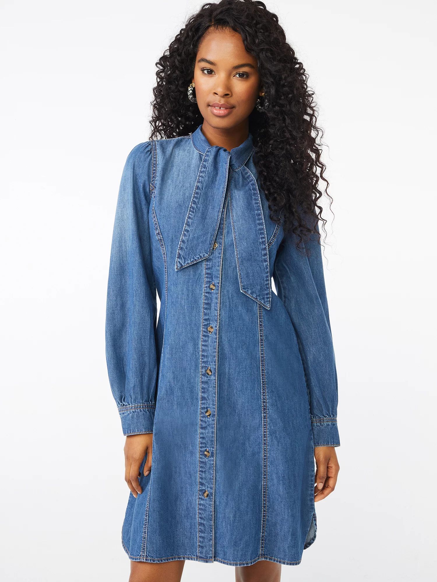 Scoop Women's Tie-Neck Denim Shirt Dress | Walmart (US)