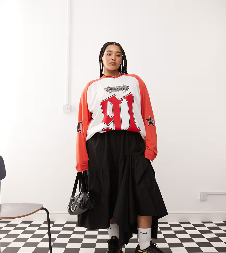 COLLUSION Plus cotton poplin midi skirt with asymmetric hem in black | ASOS (Global)