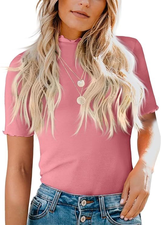 Tankaneo Womens Mock Neck Shirts Ruffle Short Sleeve Summer Casual Tees Slim Fit Tops | Amazon (US)