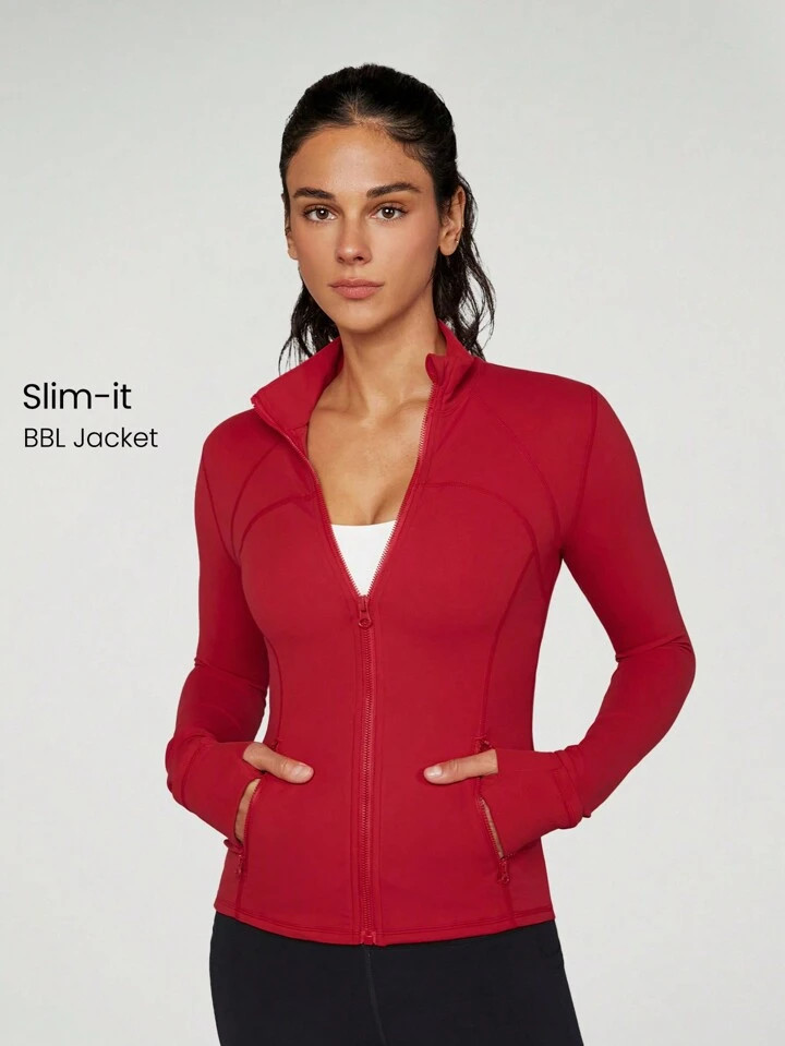 GLOWMODE FeatherFit™ Slim-It Streamline Performance Secure Pockets Zip Up Red Jacket Low Impact Yoga Daily Fall | SHEIN