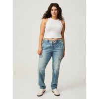 Straight Leg Weekend Boyfriend Mid Rise Cargo Jeans in Mediumblue-Denim | Torrid (US & Canada)