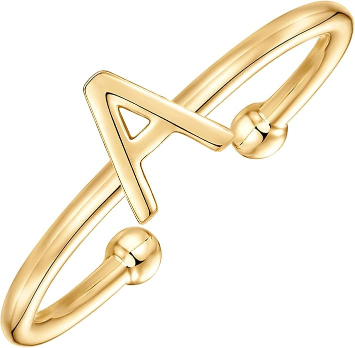 PAVOI 14K Gold Plated Initial Letter Adjustable Ring for Women - Thin Initial Band - Dainty Fashi... | Amazon (US)
