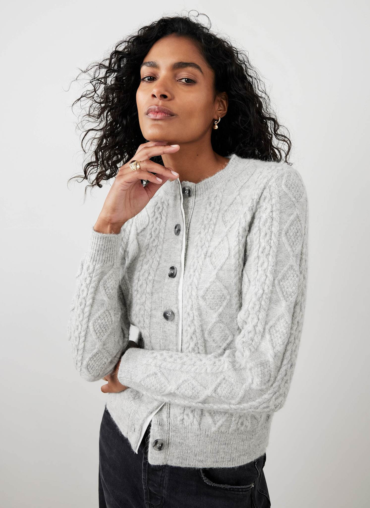 Grey Cable Knit Wool Blend Cardigan | Mint Velvet