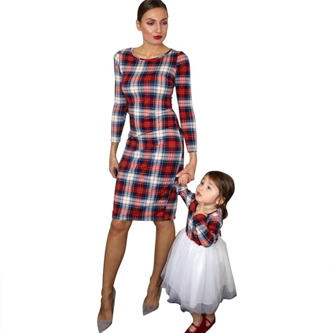PopReal Mommy and Me Outfits Stretchy Plaid Christmas Dresses Long Sleeve Family Matching Outfits | Amazon (US)