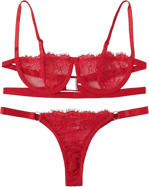 SheIn Women's 2 Piece Sexy Lace Strap Bralette Bra and Panty Lingerie Set Push Up | Amazon (US)