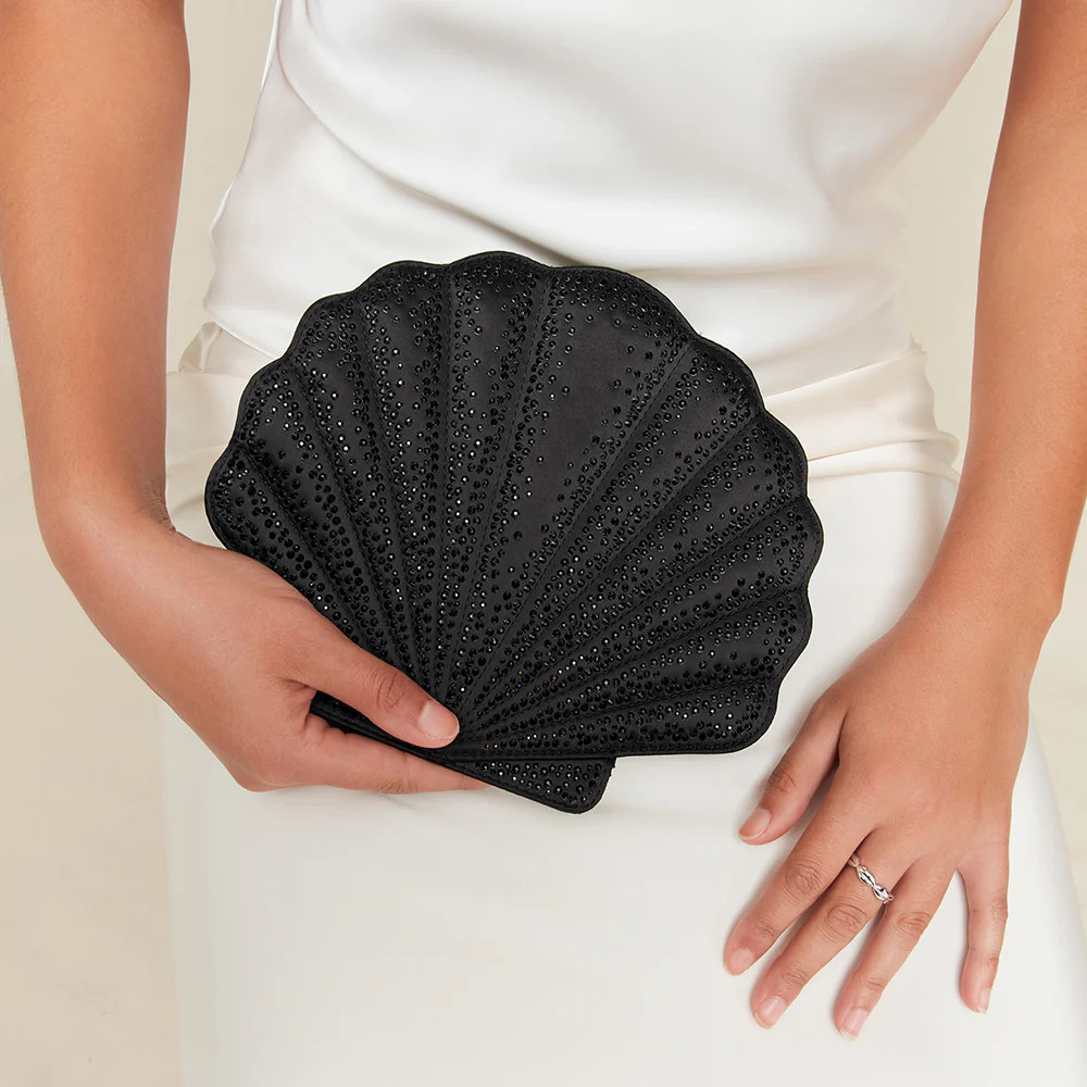 BLACK SATIN SHELL CLUTCH WITH SWAROVSKI® CRYSTALS | Lulu Guinness (UK)