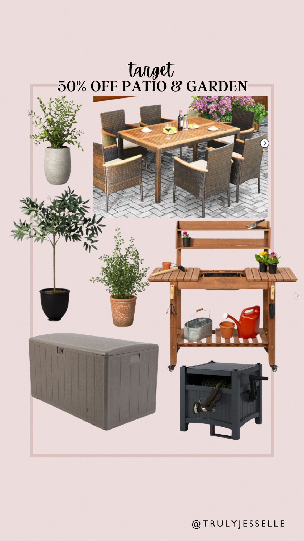 Target sale, 50% off patio and garden, patio set, faux plants, storage bench, hose hideaway, planting bench 