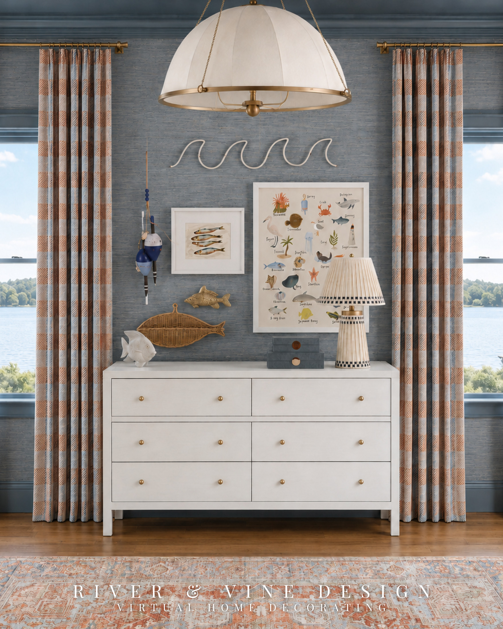 That awkward wall above a dresser doesn’t need one oversized piece of art. A collected gallery wall can bring far more personality to a lake house bedroom—especially when it mixes shapes and materials while repeating one clear theme.

The larger framed print creates the visual anchor, while smaller artwork, sculptural fish, woven accents and vintage-inspired fishing details fill the surrounding space without making it feel rigid. Keeping the dresser simple and white balances the playful display, and the patterned pleated lamp adds one more tailored layer. The result feels gathered over time, like a room filled with pieces collected during summers spent by the water.

lake house dresser decor, lake house gallery wall, fishing themed bedroom, dresser styling ideas, classic lake house decor, collected wall decor, boys bedroom artwork, traditional bedroom accessories

I may receive a commission from purchases made through my links.
 

 #LTKHome
