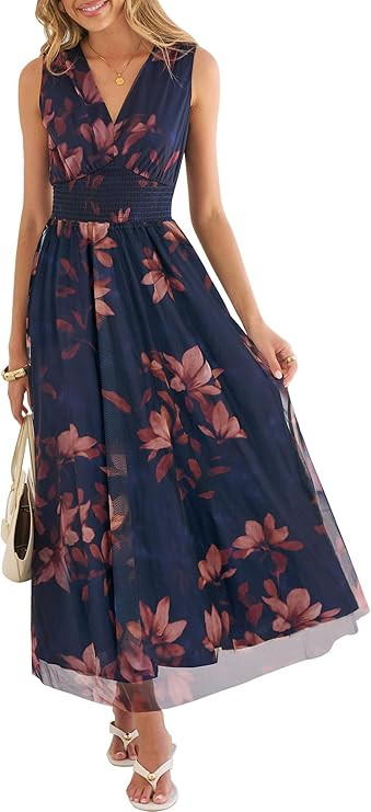 ANRABESS Womens Summer Floral Dress V Neck Sleeveless A Line Wedding Guest Maxi Tulle Dresses Cas... | Amazon (US)