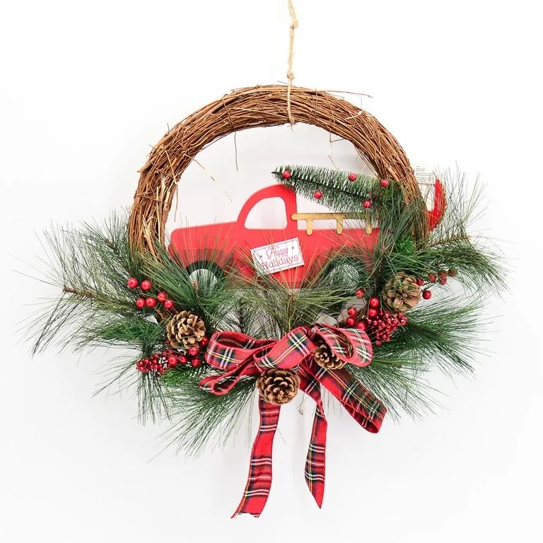 Holiday Time Rattan Unlit Wreath, with Truck including Ornament 17.7" (Multi-color) | Walmart (US)