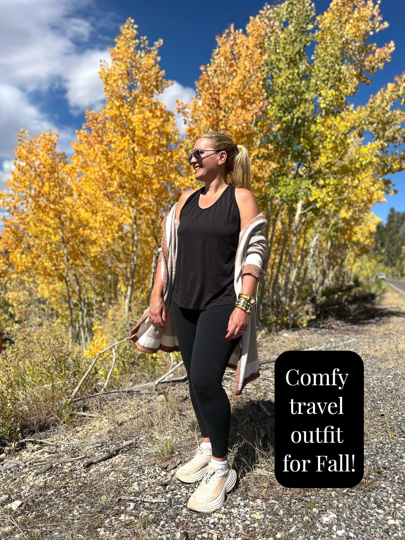 Comfy travel outfit for fall!

Hooded cardigan (small)
Cardigan runs big, size down.
Tank top (large)
Black leggings (large)
Hoka Sneakers (size 9, fits true to size)

Casual walking outfit that’s perfect for a road trip or traveling too.

I call this base outfit my uniform. 

I constantly wear the tank top and leggings. I wear these pieces walking in my neighborhood, on vacation and to Pilates class. Also wore it while hiking in Bryce Canyon National Park.

Wearing a large in everything. So comfy! I highly suggest all of these pieces! So affordable too!

#LTKSeasonal #LTKOver40 #LTKSaleAlert #LTKTravel #LTKgrwm #LTKootd #LTKMidsize #LTKActive #LTKU #LTKfitnessgoals