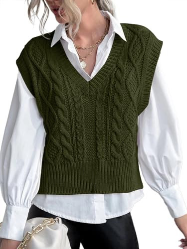 Jumppmile Womens V Neck Sweater Vest Cable Knit Solid Sleeveless Pullover Crop Sweater Vest S Army Green | Amazon (US)