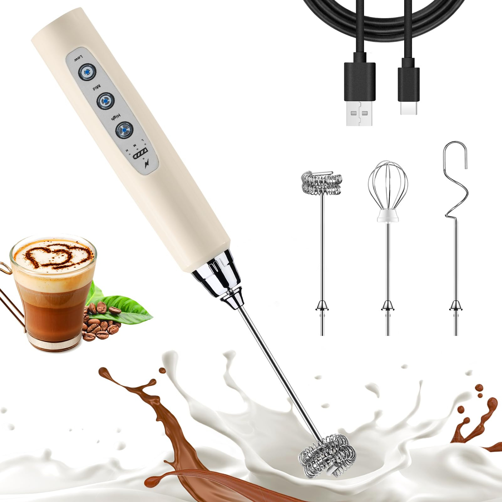 Nahida Beige Milk Frother Wand for Coffee, Frother Handheld Rechargeable Electric Whisk with 3 He... | Amazon (US)