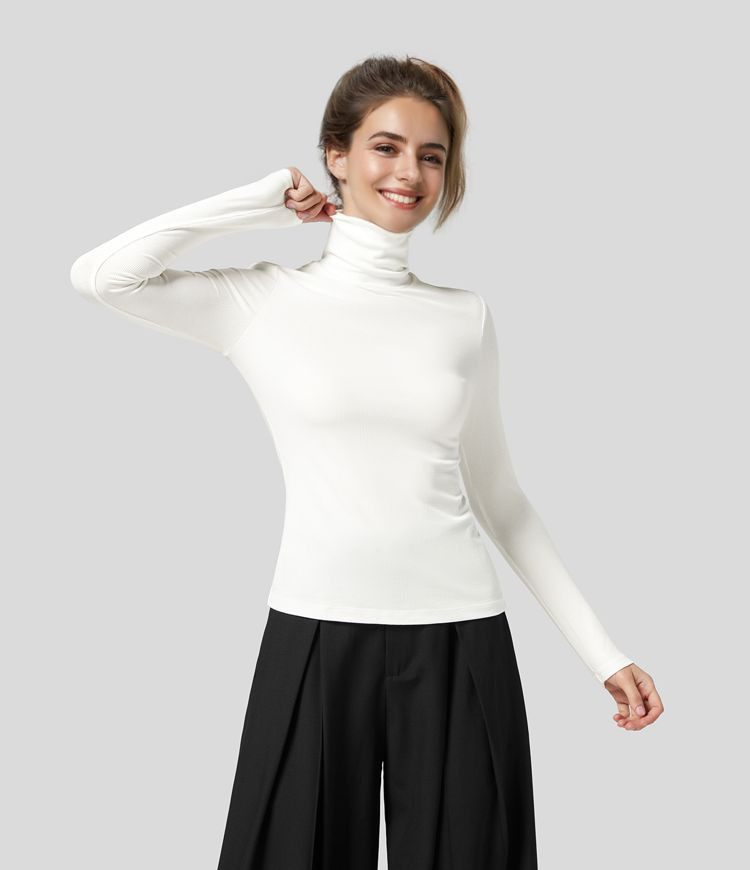 Women’s Ribbed Knit High Collar Long Sleeve Casual Top - Halara | HALARA