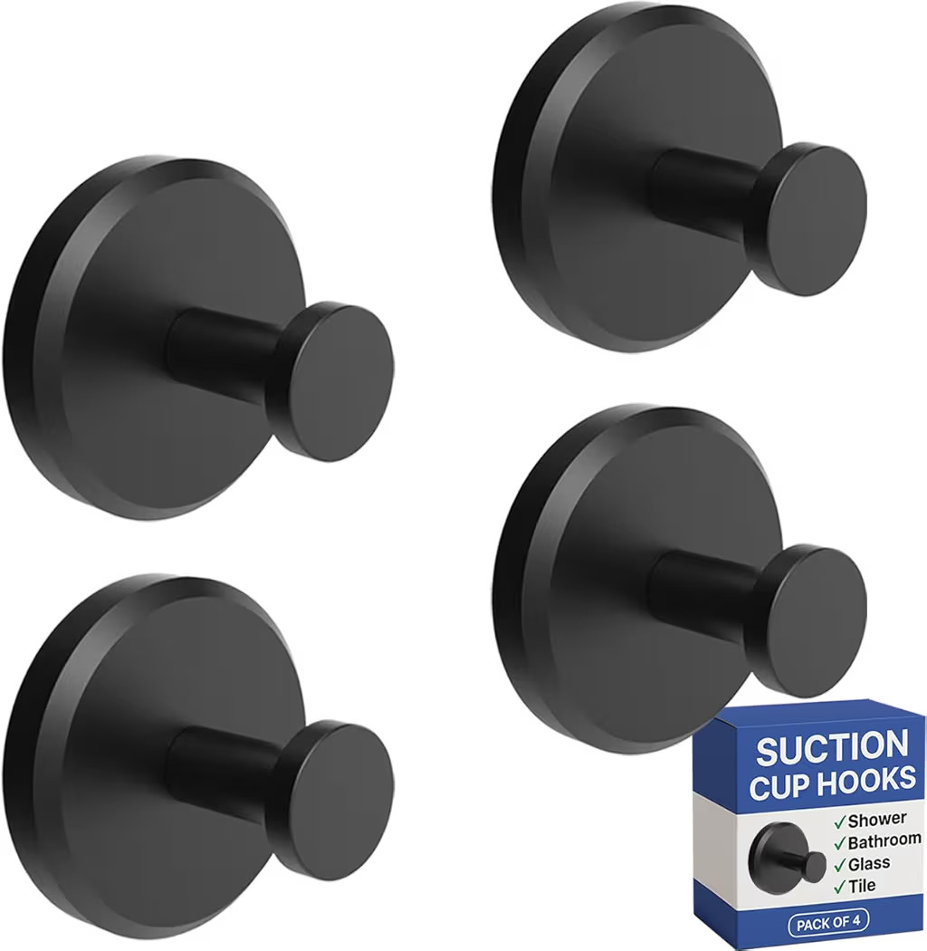 HOME SO Suction Cup Hooks Matte Black 4-Pack | Amazon (US)