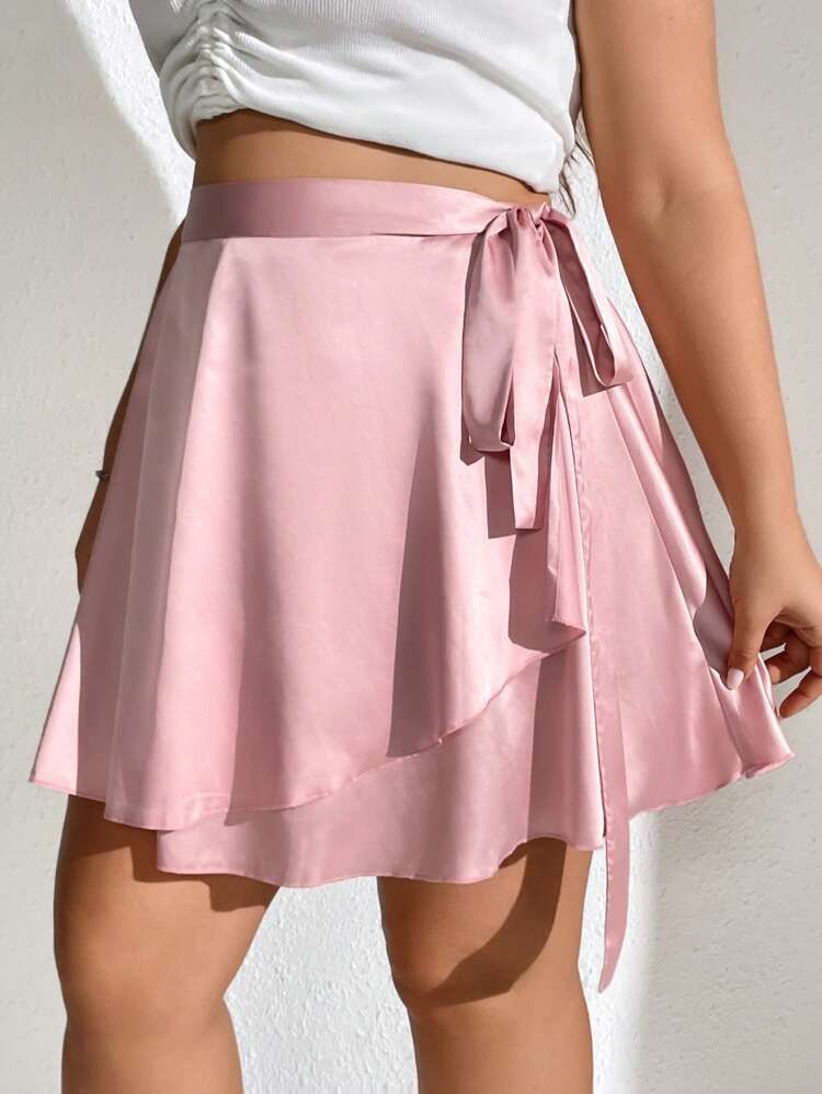 SHEIN EZwear Plus Knot Side Ruffle Trim Wrap Satin Skirt | SHEIN