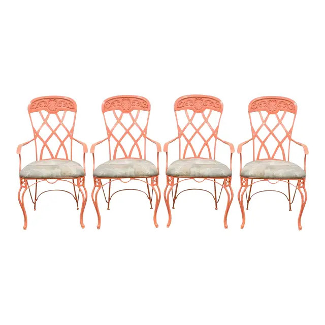 Set 4 Vintage French Regency Style Wrought Iron Patio Sunroom Dining Arm Chairs | Chairish