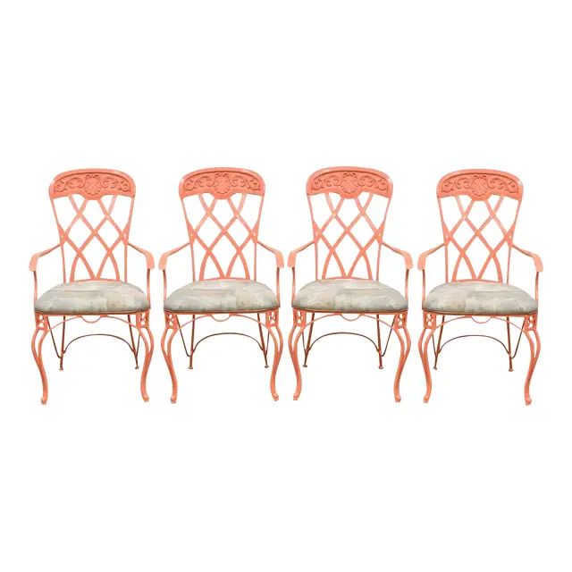 Set 4 Vintage French Regency Style Wrought Iron Patio Sunroom Dining Arm Chairs | Chairish