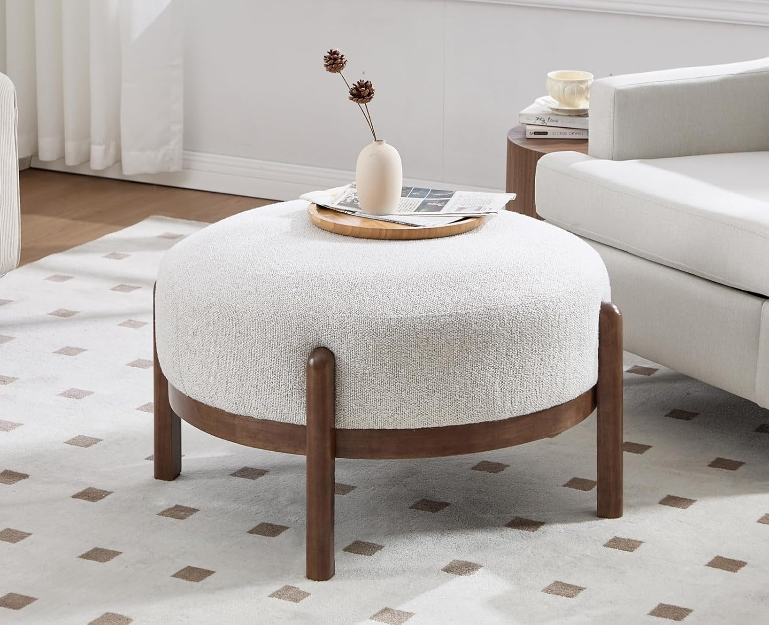 Amazon.com: EALSON 29" Round Ottoman Modern Linen Upholstered Footstool Mid Century Large Footres... | Amazon (US)