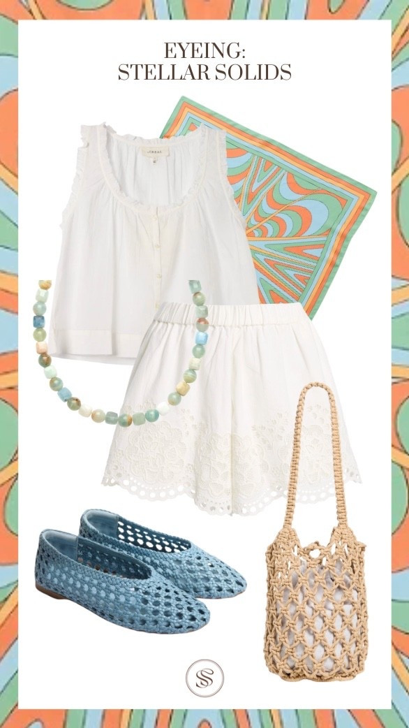White tank
White shorts
Blue flats
Woven bag
Colorful silk scarf 
Beaded necklace